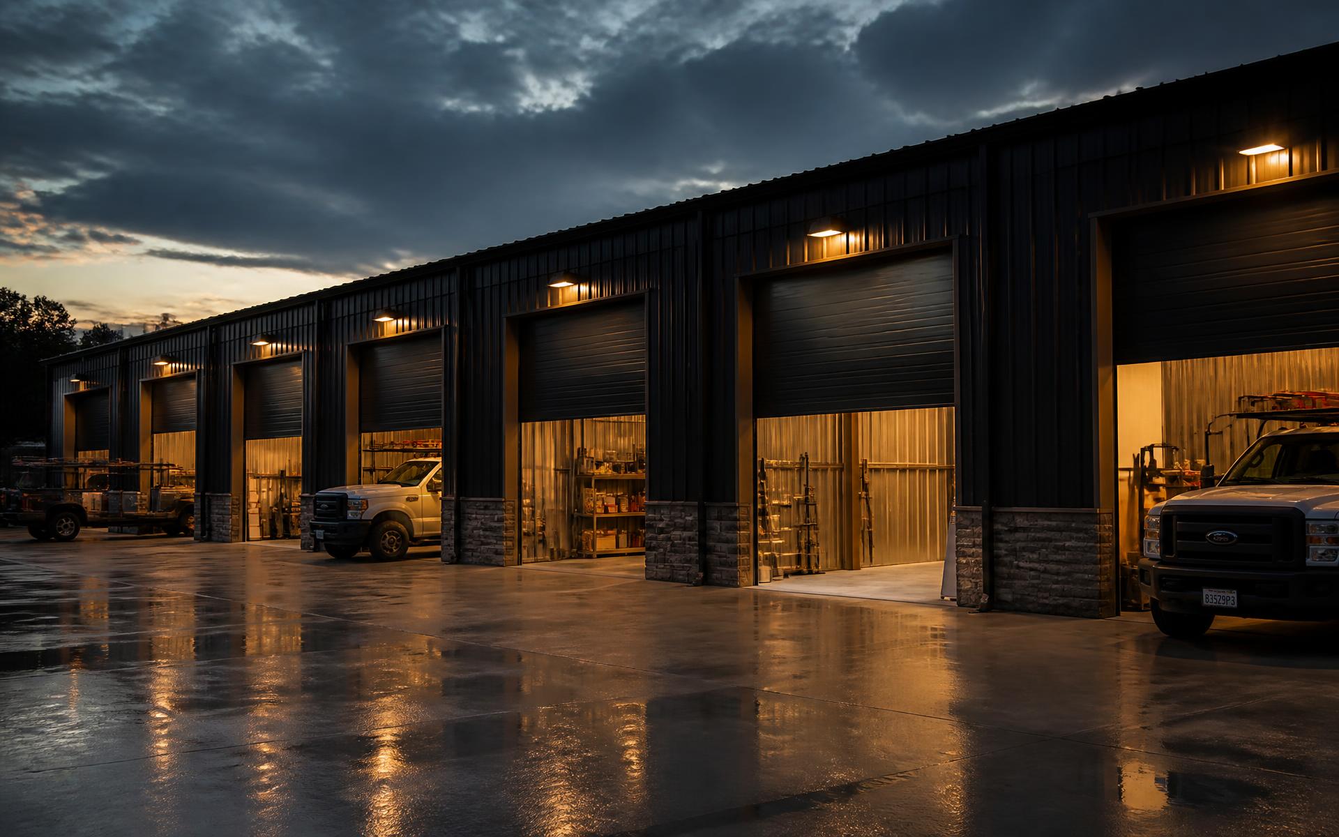 Row of contractor flex garage units lit at dusk