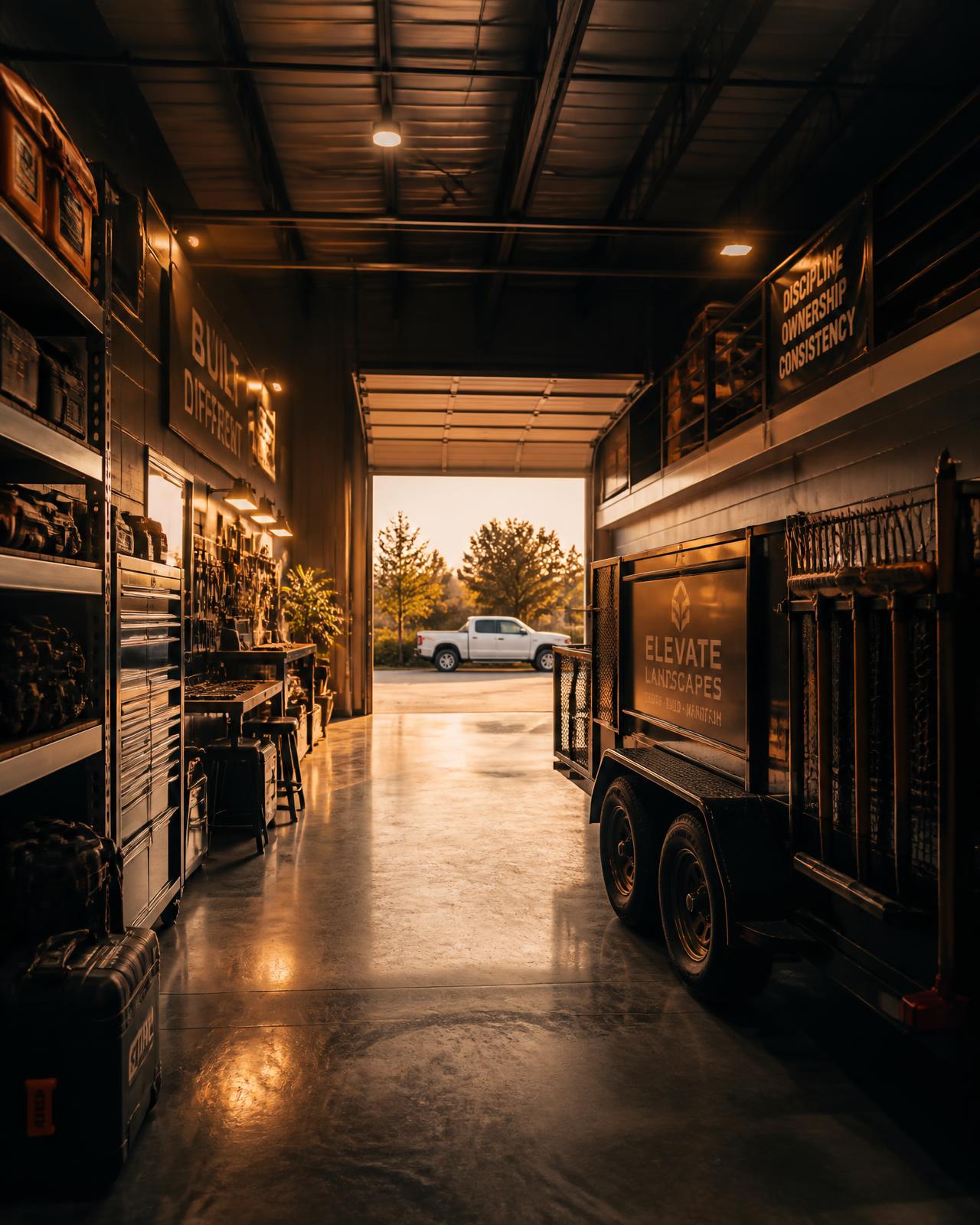 Interior of a contractor flex garage bay with tools and a trailer